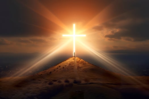 The cross of God in the rays of the sun. Cross on the hill. Religious concept. AI Generative photo