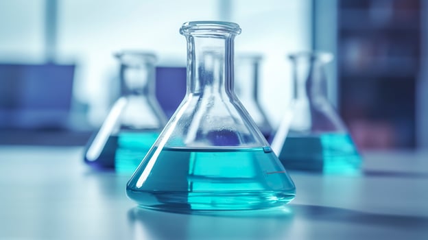 A Science Beaker in the laboratory on a table white and light blue background. laboratory equipment out of focus. AI Generative photo