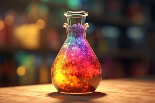 Close Up of a Science Beaker Filled with Multi Colored Liquids. AI Generative photo
