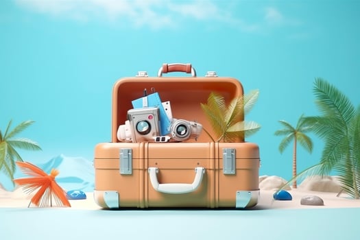 Creative Summer Beach Composition in Suitcase on Blue Background, A Travel Concept Idea in 3D Rendering. AI Generative photo