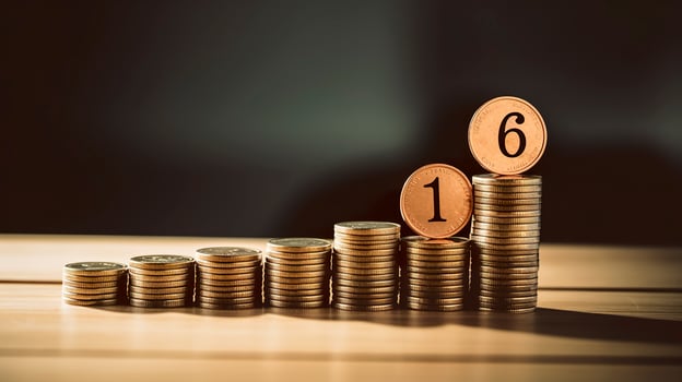 Percentage model with coins stack. Concepts of the banking system, rising interest rates, inflation, deflation, and savings. AI Generative photo