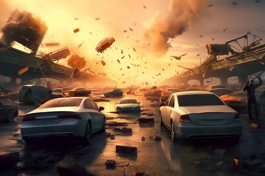 cars World collapse, doomsday scene, digital painting, digital illustration. AI Generative photo