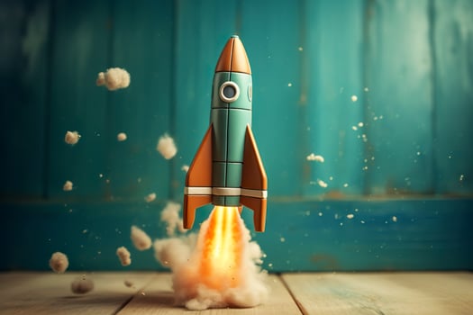 Toy rocket takes off business and finances success concept. AI Generative photo