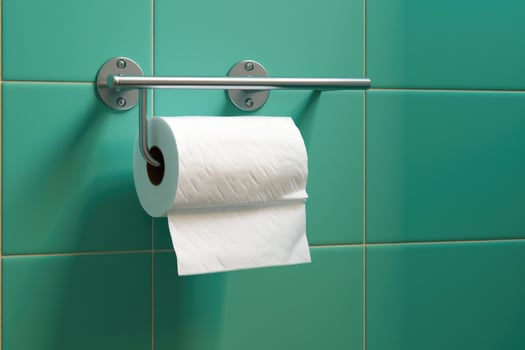 A white roll of soft toilet paper neatly hanging on a modern chrome holder. photo