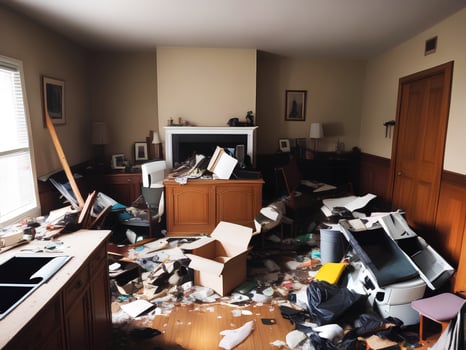 Photograph of a cluttered living space filled with trash debris broken furniture photo