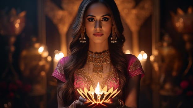 An indian bride holding a gold diwali diya, diwali stock images, realistic stock photos