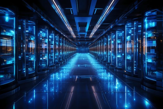 A row of black server racks, in the style of transparent layers, metallic rotation, digitally. AI generative photo