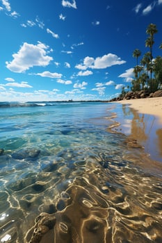 a serene gold coast beach stretches as far as the eye can see, its golden sands meeting the crystal. AI generative photo