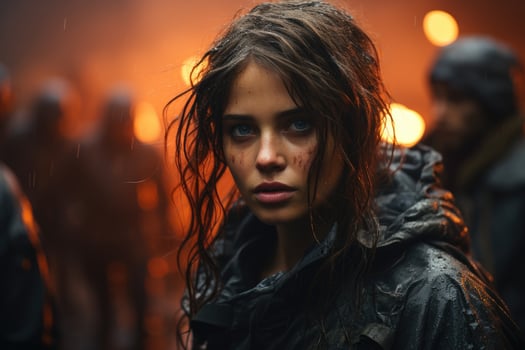 A rebel hero stares at the fiery ruins of a dystopian landscape. Generative AI photo