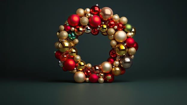 Christmas wreath made of colorful Christmas balls on dark background photo