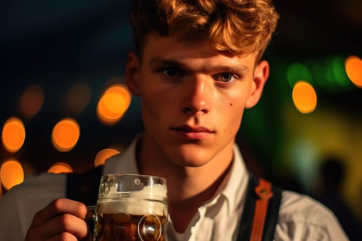 A close - up photo of a young man wearing traditional lederhosen and holding a beer stein. Generative AI