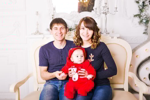 Christmas Family Portrait In Home Holiday Living Room, House Decorating By Xmas Tree photo