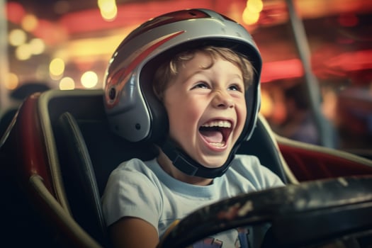 A close - up shot of a young boy, laughing and enjoying the adrenaline rush of a bumper car collision. Generative AI photo