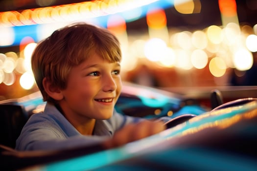 A close - up shot of a young boy, laughing and enjoying the adrenaline rush of a bumper car collision. Generative AI photo