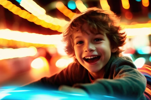 A close - up shot of a young boy, laughing and enjoying the adrenaline rush of a bumper car collision. Generative AI photo