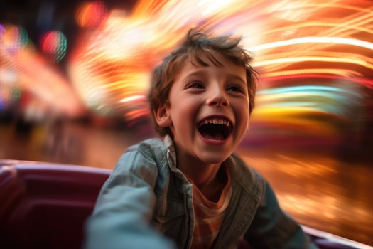 A close - up shot of a young boy, laughing and enjoying the adrenaline rush of a bumper car collision. Generative AI photo