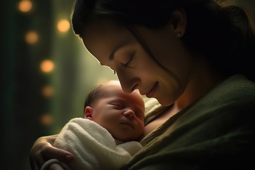 A close - up shot of a contented mother gently cradling her newborn baby. Generative AI photo