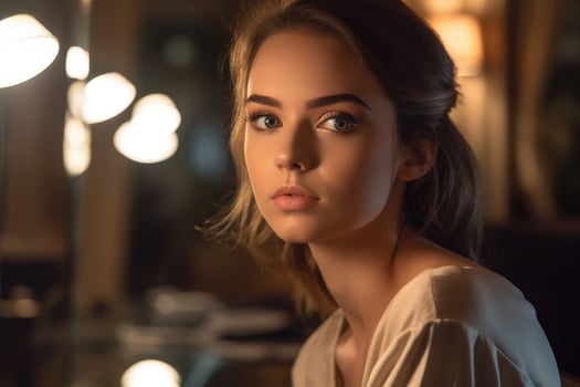 A close - up shot of a young woman applying makeup in a well - lit vanity area. Productive AI photo