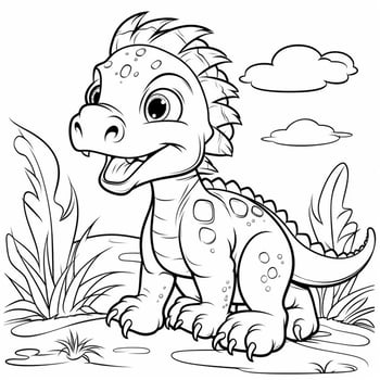 illustration outline drawing white background cartoon cute dinosaur to coloring, character games app mobile, generative ai photo