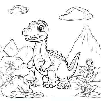 illustration outline drawing white background cartoon cute dinosaur to coloring, character games app mobile, generative ai photo