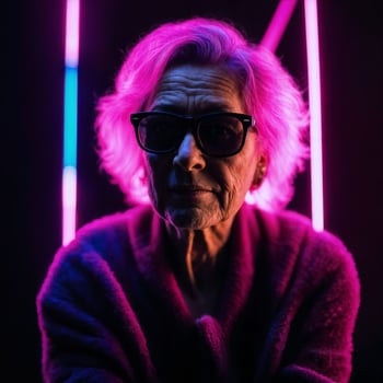 photo of middle aged old woman with with mixed pink and blue neon light, generative AI