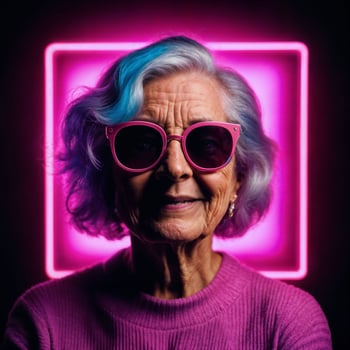 photo of middle aged old woman with with mixed pink and blue neon light, generative AI