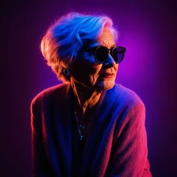 photo of middle aged old woman with with mixed pink and blue neon light, generative AI