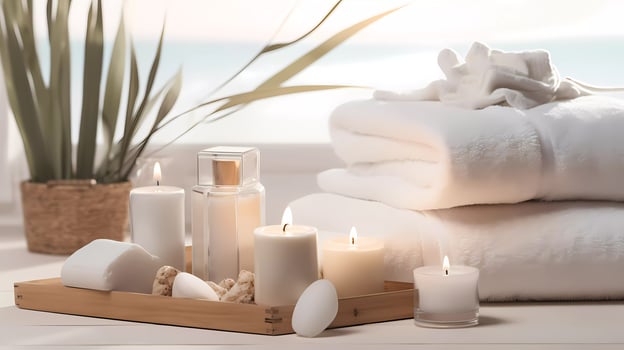 Spa accessory composition set in day spa hotel, beauty wellness centre. Spa product are placed in luxury spa resort room, ready for massage therapy from professional service. photo