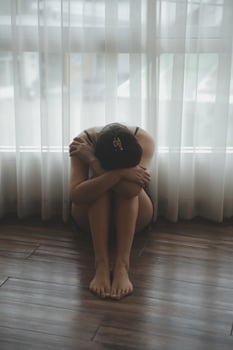 panic attacks alone young girl sad fear stressful depressed emotional.crying use hand cover face begging help.stop abusing domestic violence in women,person with health anxiety,people bad feeling down photo