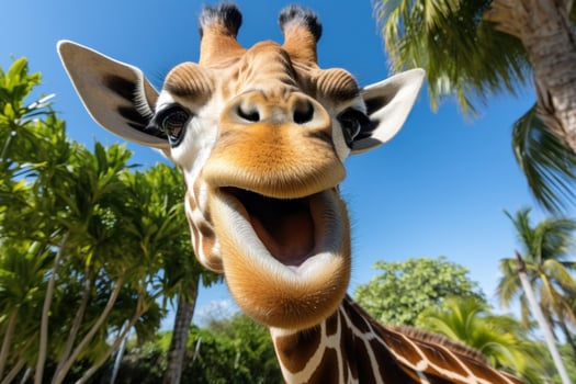Head of a giraffe on a green field with trees around photo