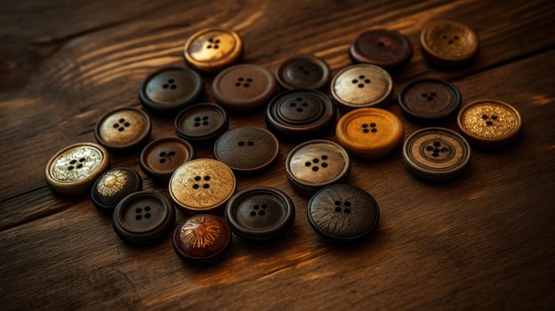 Collection of different multi colored buttons on wood photo