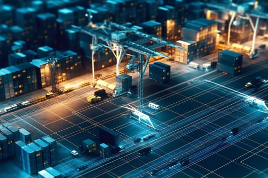 3d rendering night view of cargo ship and crane on the city background. photo