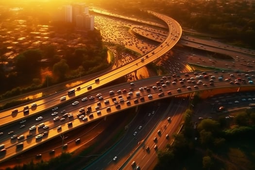 Aerial view of highway with cars moving on road at sunset. photo