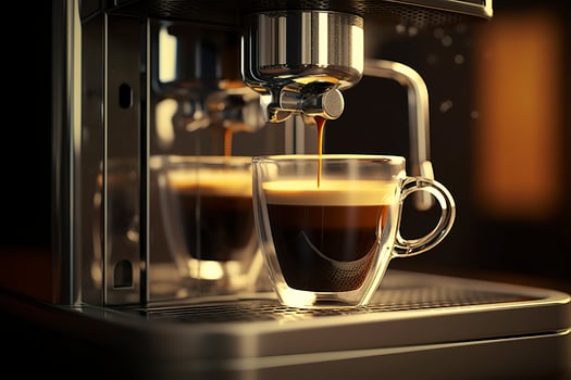 A professional coffee machine preparing an espresso coffee in a glass cup,  AI Generative photo