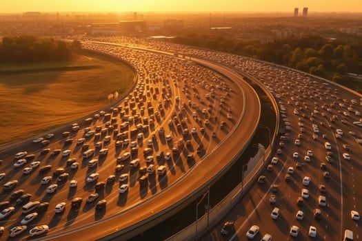 Aerial view of highway with cars moving on road at sunset. photo