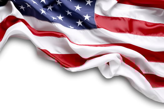 Closeup ruffled American flag isolated. solid white backgroud. AI Generative photo