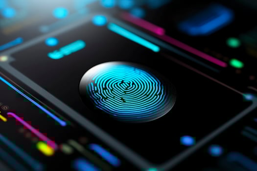 Fingerprint Authentication Button. Biometric Security. Identification and cyber security concept. Glowing neon fingerprint on dark background. AI Generative photo