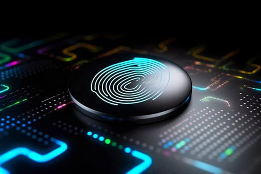 Fingerprint Authentication Button. Biometric Security. Identification and cyber security concept. Glowing neon fingerprint on dark background. AI Generative photo