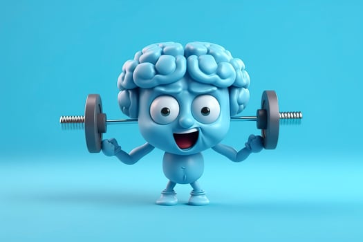 Human brain lifting weights. 3D brain lifting a heavy dumbbell. Mind training, memory health, Alzheimer's prevention, brain training, education, study and menthal health concept. AI generated photo