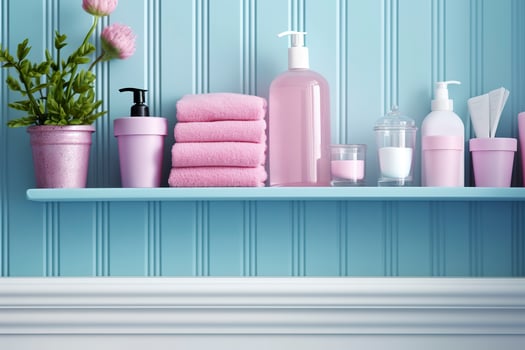 A pastel bathroom shelf with pink skincare products, copy space, banner, pink and pastel blue bright palette, barbiecore. AI Generative photo
