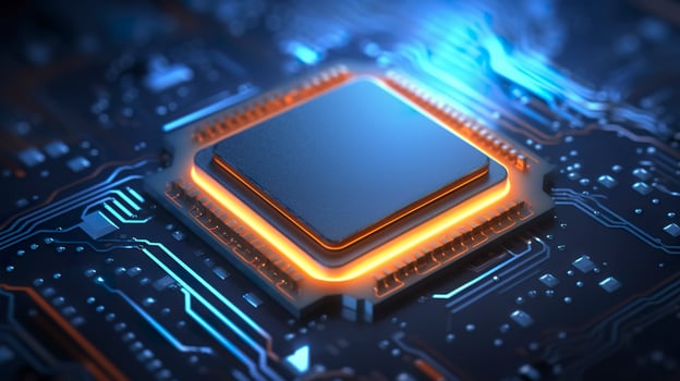 Top View of a Chip with Glowing Light and Fog in Orange and Blue. AI Generative photo