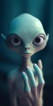 An extraordinary portrait of unknown adorable alien species over an alien finger, a style of high alien fashion. AI Generative photo
