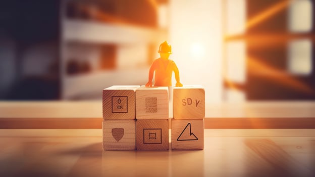 Work safety concept Safety at the workplace and compliance on wooden cube blocks Working standard process Zero accidents Using for safety awareness banner. AI Generative photo