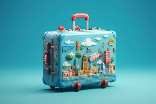 Blue suitcase full of landmarks and travel accessories on blue background. Generative AI photo