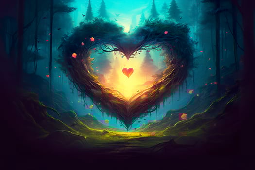 Colorful fantasy heart, light beam, green forest field. Generative AI photo