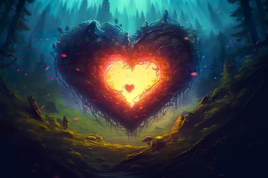 Colorful fantasy heart, light beam, green forest field. Generative AI photo