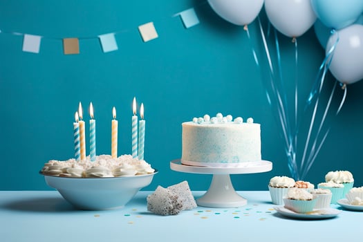 Birthday cake with candles and sweets on white table near blue wall. Generative AI photo