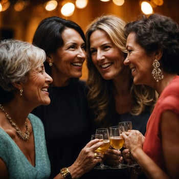 group of happy middle aged old woman at the night party, generative AI photo
