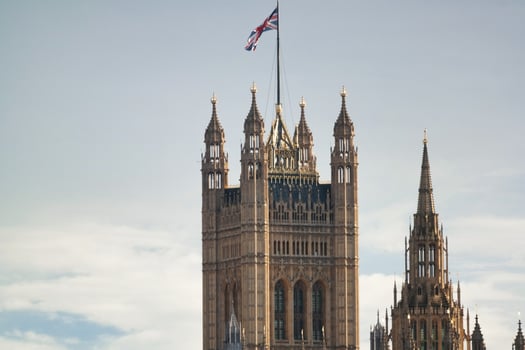 Beautiful Low Angle View of Historical Big Ben Clock Tower from river Thames and London Eye, Westminster Central London, England Great Britain, UK. Image Captured During Cloudy Day of August 2nd, 2023 photo