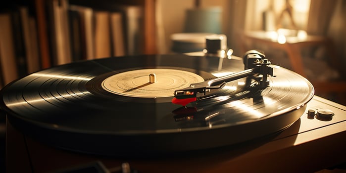 AI Generated. AI Generative. Retro vintage antique sound music audio vinyl player record box at cozy home. Graphic Art photo